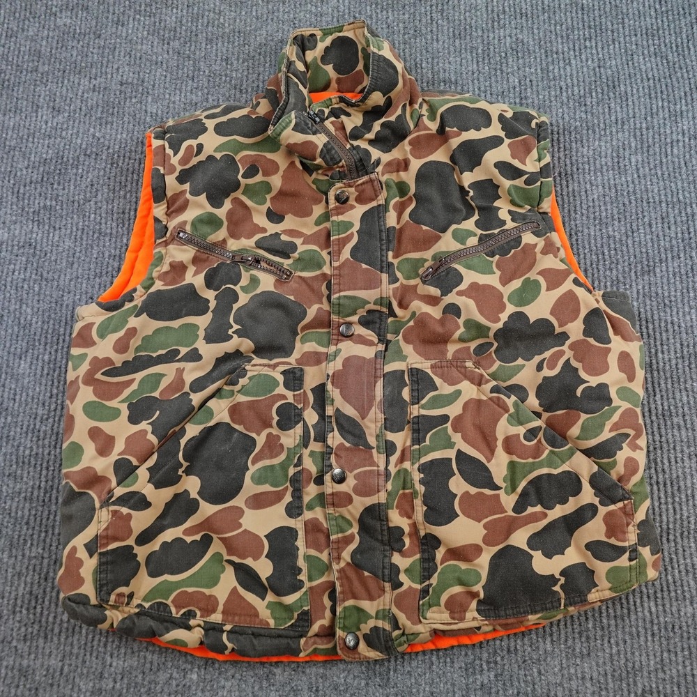 Trophy Club Vest Mens Medium Camo Orange Reversible Quilted Hunting Canvas
